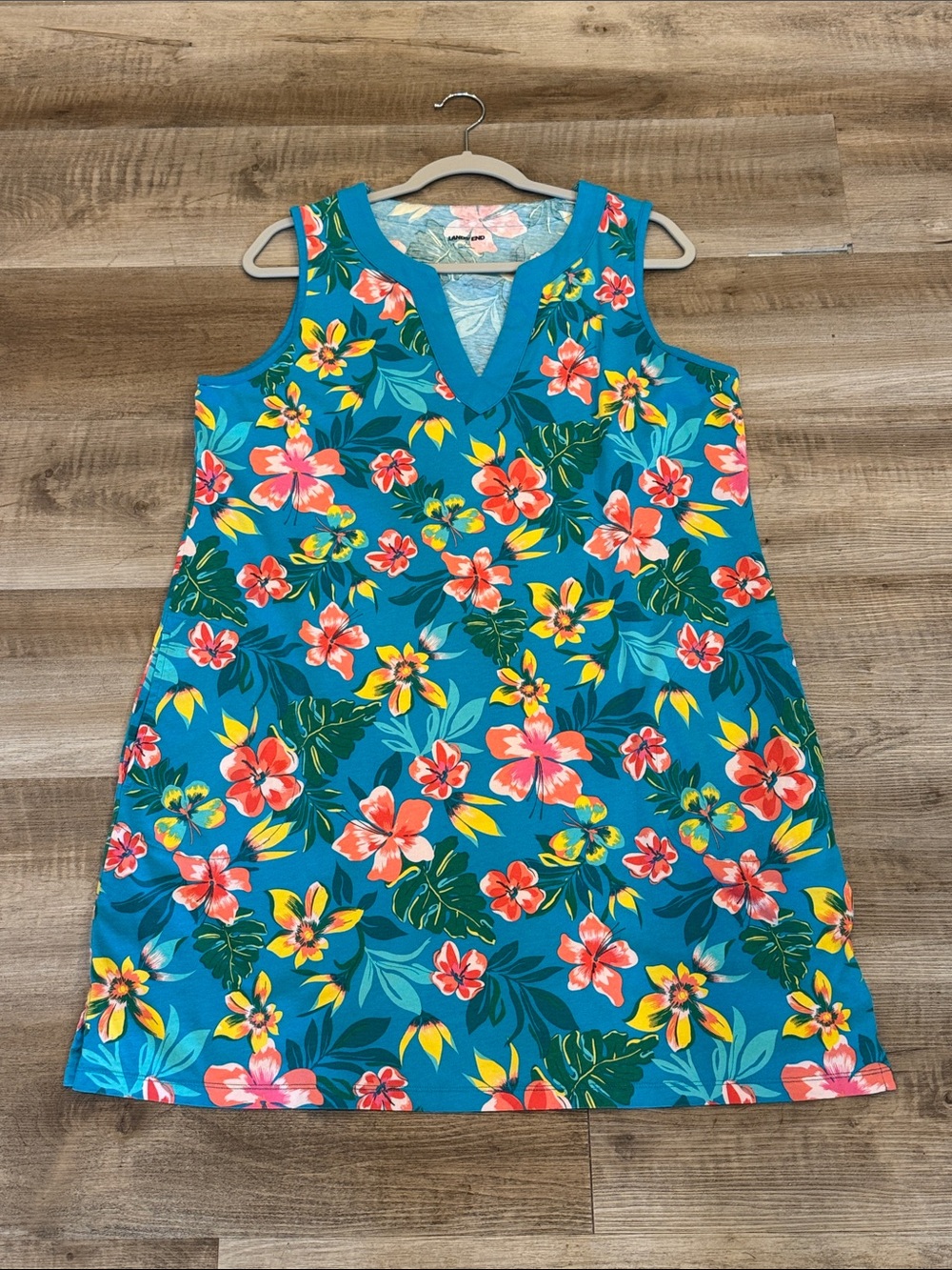 Lands' End Teal Floral V-Neck Sleeveless Sundress or Swim Cover-up